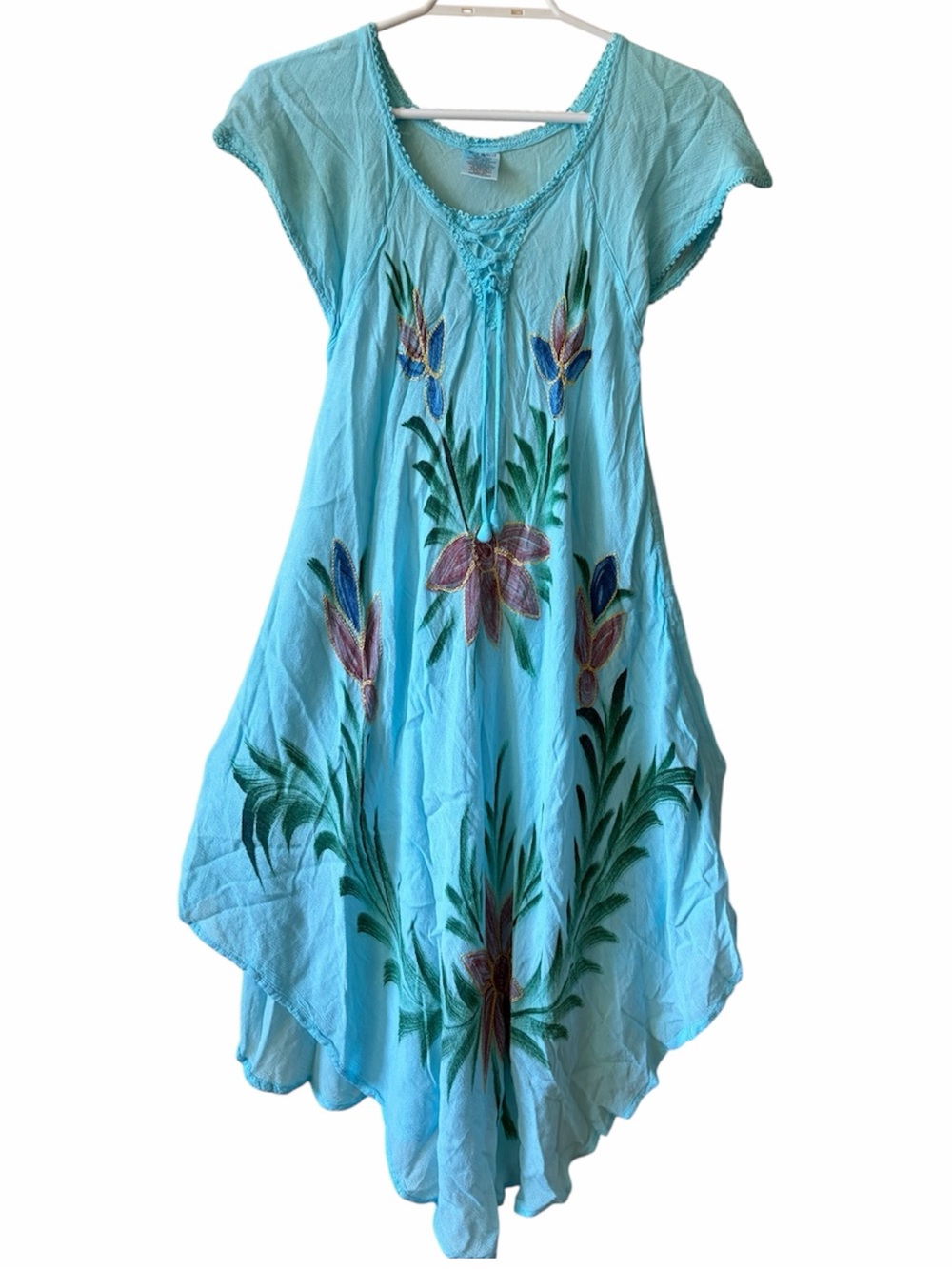 Blue Embroidered Floral Handkerchief Hem Boho Midi Dress Viscose One Size Beachy